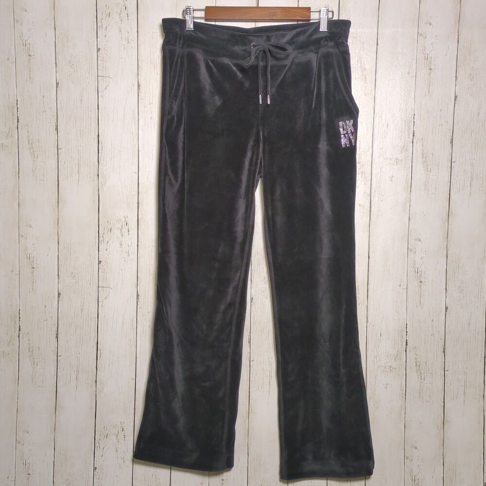 DKNY Sport Velour Bootcut Lounge Pants Black Rhinestone Logo Size M Y2k Bling